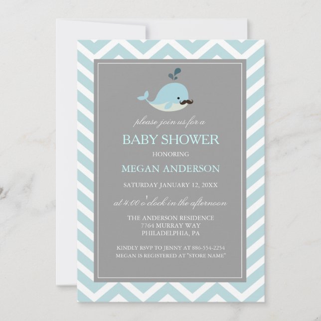 Söt Blå Mustasch Val Pojke Bebis Babyshower Inbjud Inbjudningar (Framsida)