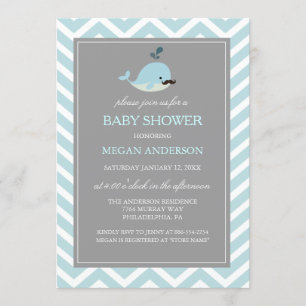 Söt Blå Mustasch Val Pojke Bebis Babyshower Inbjud Inbjudningar