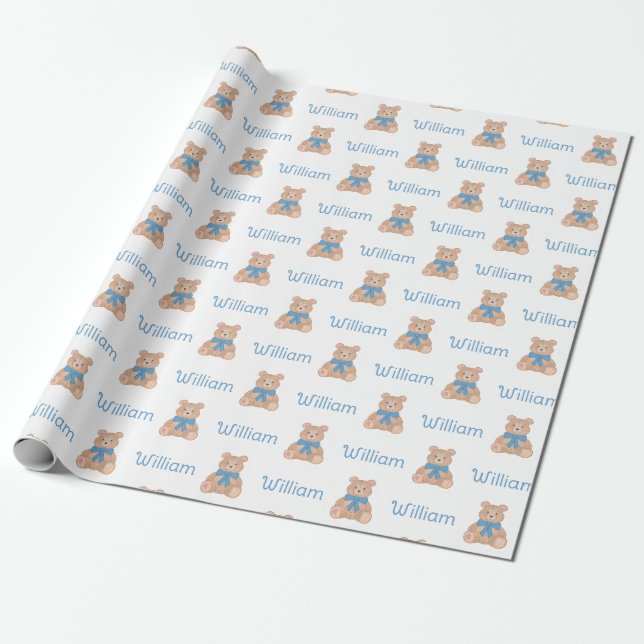 Söt blå Nalle Bow Tie Baby Shower Presentpapper (Utrullad)