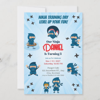 Söt blå ninja trupp pojke födelsedagsfest inbjudningar
