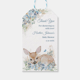 Söt blå och beige blommande hjort babyfirande presentetikett