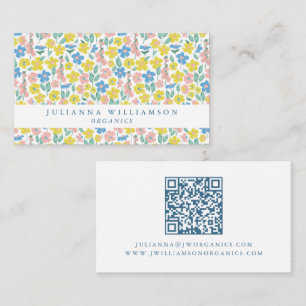 Söt Blå Och Gul Ditsy Blommig Modern QR-Kod Visitkort