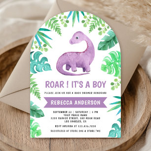 Söt blå och lila dinosaurie valv baby shower inbjudningar