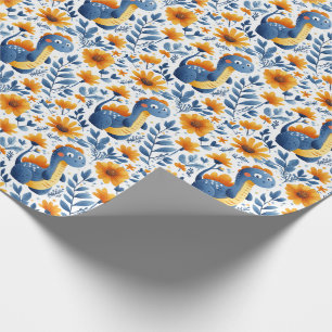 Söt blå orange dinosaur gulda tusenskönor presentpapper