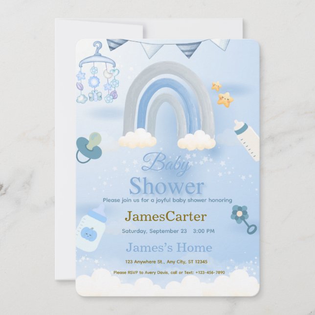 Söt Blå Pojk Bebis Babyshower Inbjudan (Framsida)