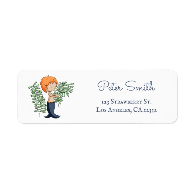 Söt Blå Pojk Sjöjungfru Returadress Etikett (Framsidan)