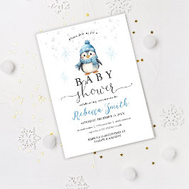 Söt blå pojkpinguin vinterbabyshower inbjudningar