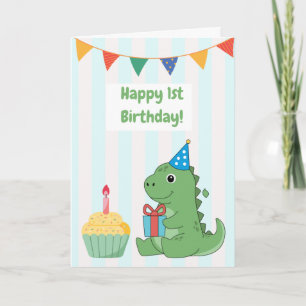 Söt blå randig dinosaurie 1-årsdagskort kort