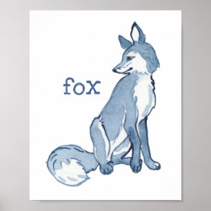 Söt Blå Räv Vattenfärg Djur Natur Vilda Djur Poster