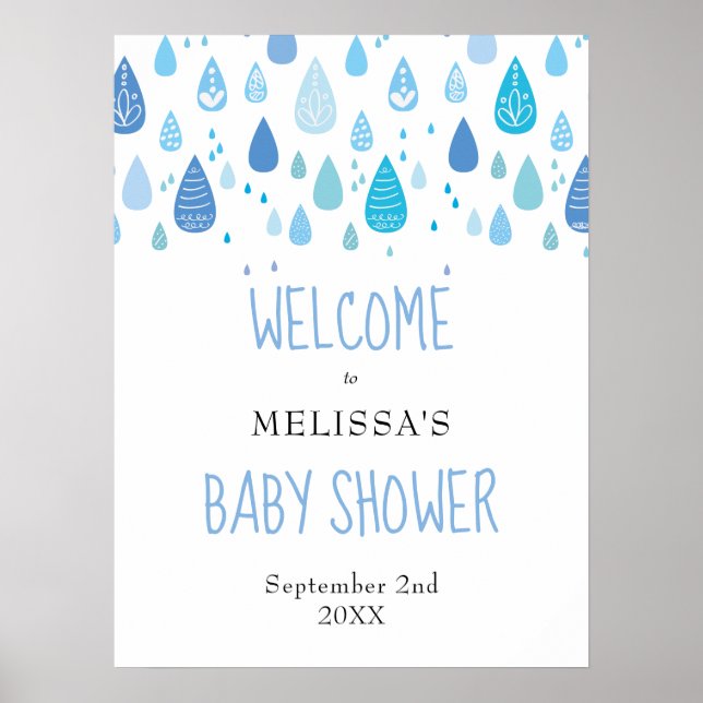 Söt blå regndroppar baby shower välkomstskylt poster (Framsidan)