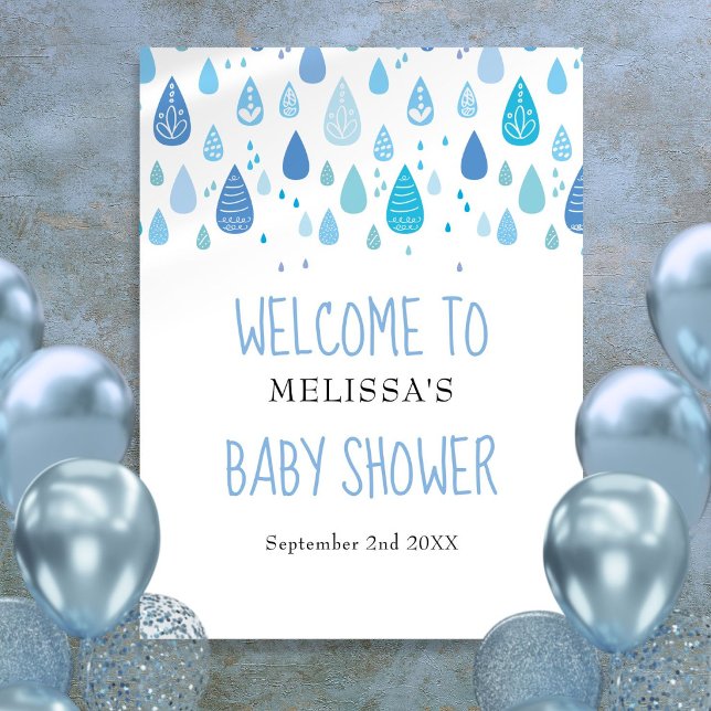 Söt blå regndroppar Baby Shower välkomstskylt Poster (Cute Blue Raindrops Baby Shower Welcome Sign)