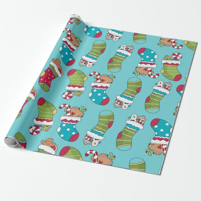 Söt Blå Röd Grön Julstrumpa Mönster Presentpapper (Utrullad)