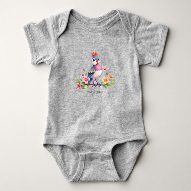 Söt Blå Rosa Fågel Blommig Baby Body T Shirt (Framsida)