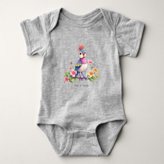 Söt blå rosa fågel blommig baby bodysuit t shirt (Framsida)