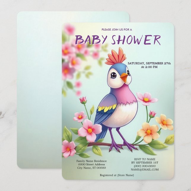 Söt Blå Rosa Fågel Blommig Baby Shower Inbjudan (Fram/baksida)