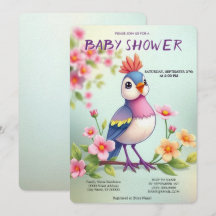 Söt Blå Rosa Fågel Blommig Baby Shower Inbjudan