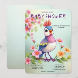 Söt Blå Rosa Fågel Blommig Baby Shower Inbjudan