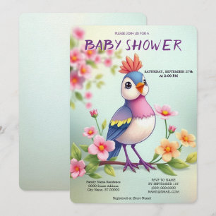 Söt Blå Rosa Fågel Blommig Baby Shower Inbjudan