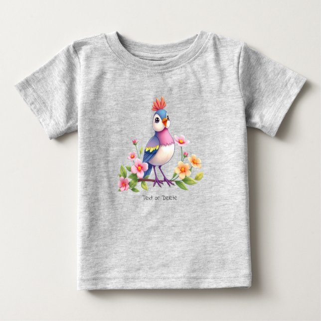 Söt Blå Rosa Fågel Blommig Baby T-Shirt (Framsida)