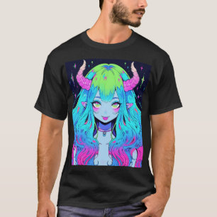 Söt blå, rosa och grön anime-tjej demon t shirt