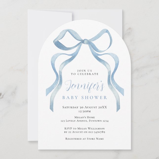 Söt blå rosett baby shower inbjudan (Framsida)