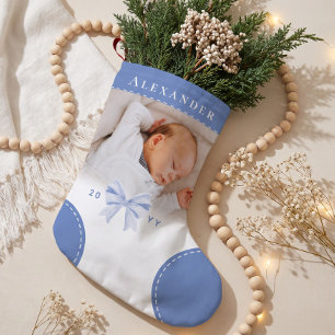 Söt blå rosett Namn & Foto Baby Första julen Liten Julstrumpa