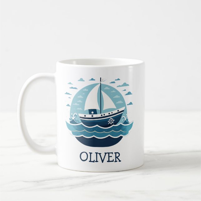 Söt blå segelbåt till sjöss Personlig Kaffemugg (Vänster)