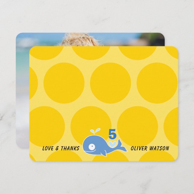 Söt blå serieval barn strand födelsedagsfoto tack kort (Fram/baksida)