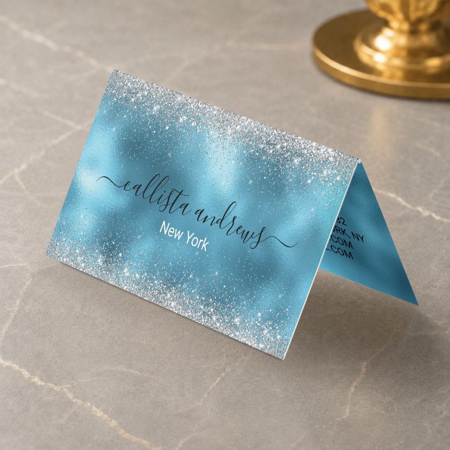 Söt blå silver falsk glitter visitkort (Skapare uppladdad)