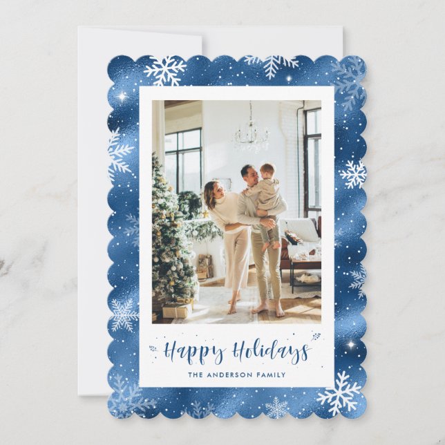 Söt blå snöig fotohögtid julkort (Framsida)