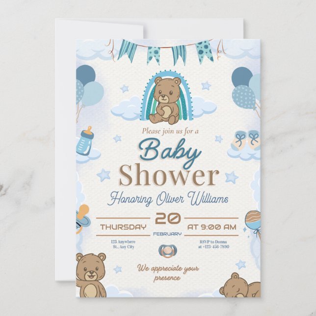Söt Blå Teddy-Bebisfest Redigerbar Design Inbjudningar (Framsida)