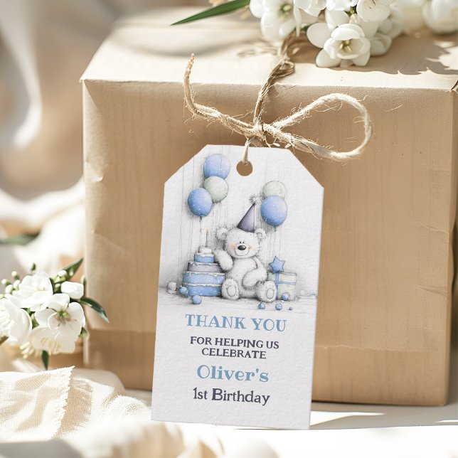 Söt blå teddybjörn 1-års födelsedag tack presentetikett (Skapare uppladdad)