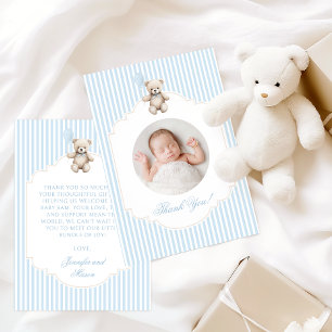 Söt blå teddybjörn baby boy shower fotot tack kort