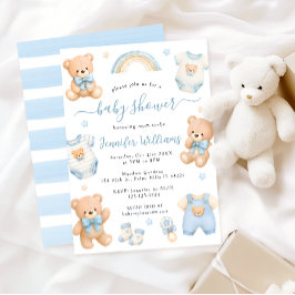 Söt Blå Teddybjörn Boho Baby Shower för Pojkar Inbjudningar