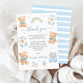 Söt blå teddybjörn boho-kläder baby boy shower tack kort