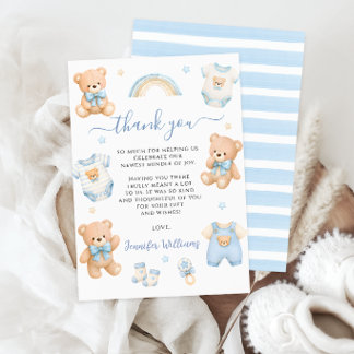 Söt blå teddybjörn boho-kläder baby boy shower tack kort