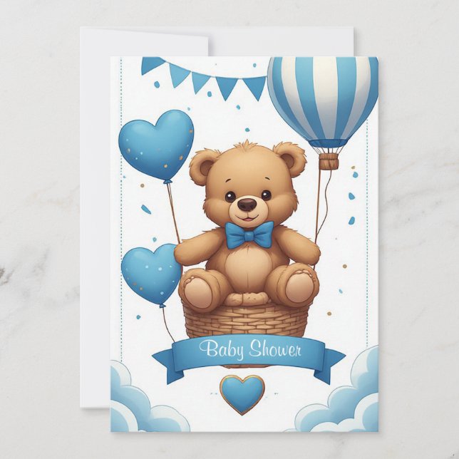 Söt blå teddybjörn för baby shower 🧸 inbjudningar (Framsida)