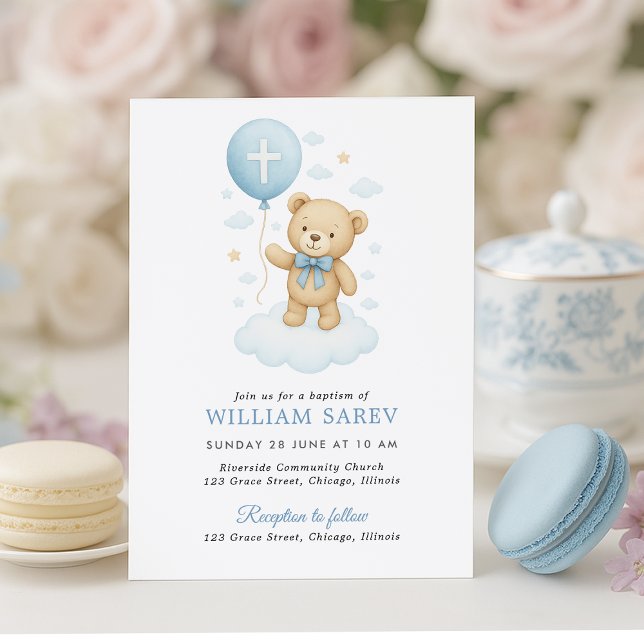 Söt Blå Teddybjörn Pojke Dop Inbjudan (Sweet teddy bear baptism invite with pastel treats – soft, charming design for baby boys)