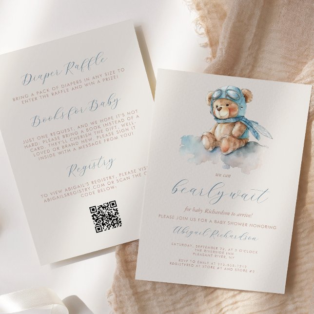 Söt Blå Teddygubbe QR-kod Pojke Bebisbal Inbjudningar (Skapare uppladdad)