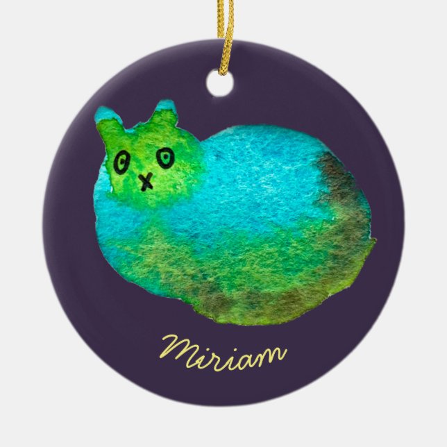 Söt blå tjock katt konst illustration julgransprydnad keramik (Framsidan)