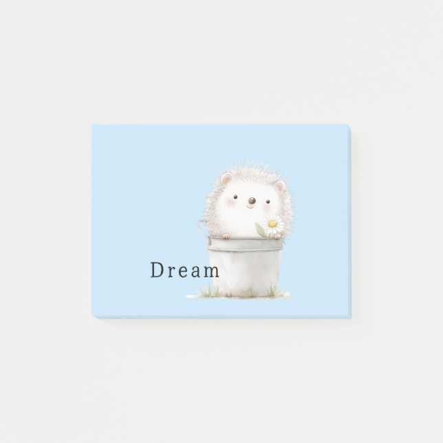 Söt blå trädgårds igelkott i hink post-it block (Framsida)