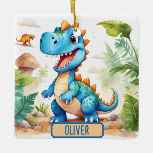 Söt Blå Trex Dinosaurie Personlig Julgransprydnad Keramik (Framsida)
