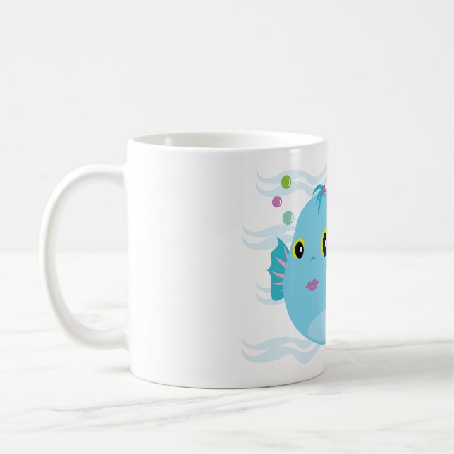 Söt blå tropisk fisk med rosa fenor kaffemugg (Vänster)