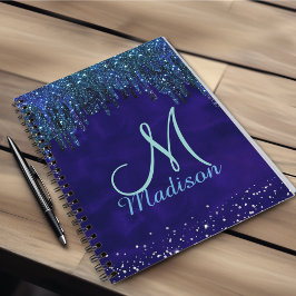 Söt blå turkos enhörning glitterdropp monogram anteckningsbok