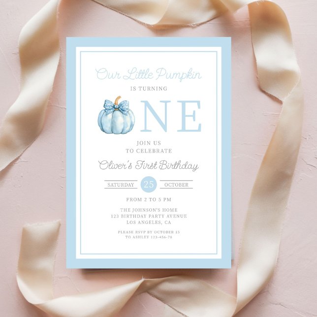 Söt Blå Vår Lilla Pumpa Pojke 1-årsdag Inbjudningar (Cute Blue Our Little Pumpkin Boy 1st Birthday Invitation)