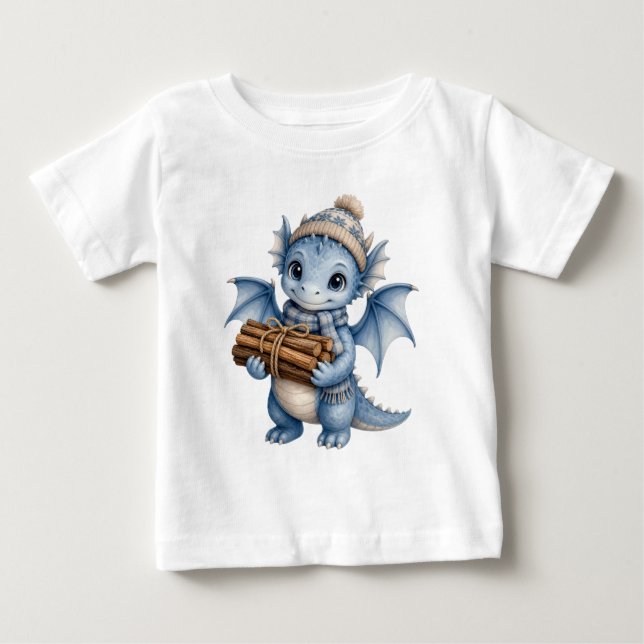 Söt Blå Vinter Bebis Drak med Ved Barn T Shirt (Framsida)