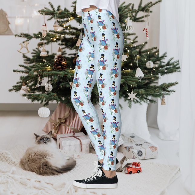 Söt blå vinter snömannen Poinsettia jul Leggings (Skapare uppladdad)