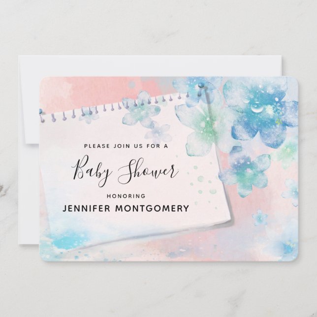 Söt Blåa blommor på Rosa Bakgrundsbabyskuva Inbjudningar (Framsida)