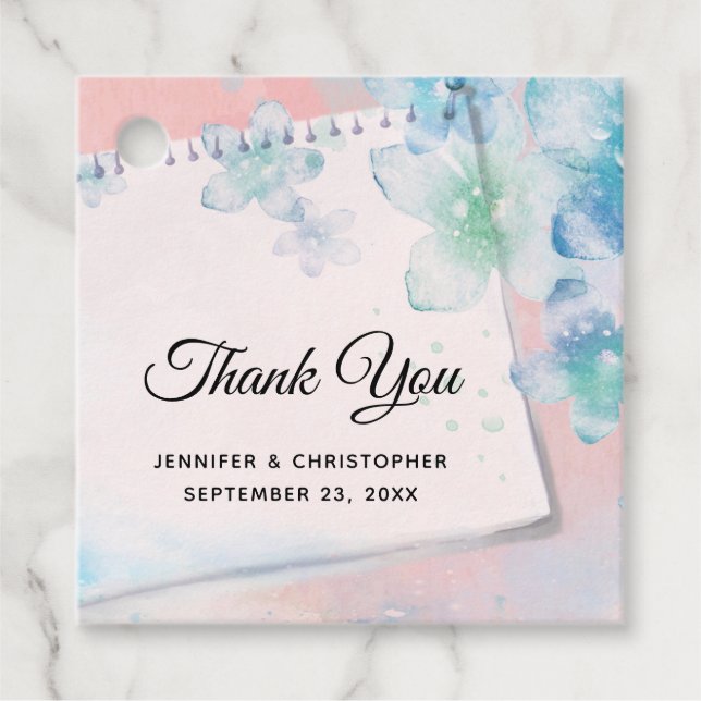 Söt Blåa blommor på Rosa Bröllop Gåvor Etiketter (Framsida)