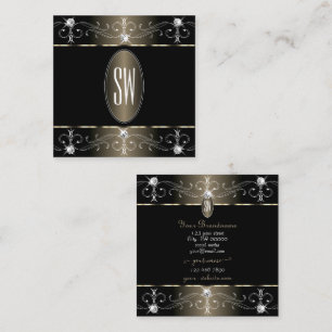 Söt Black and Beige Ornate Ornaments Monogram Fyrkantigt Visitkort